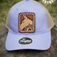 Sun Mule Leather Lavender handtooled mule hat patch, handsewn to ponytail hat.