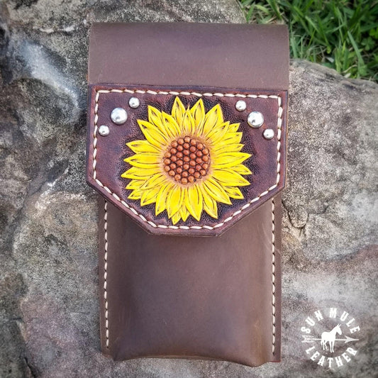 Phone holder pouch for saddle or belt with hand tooled sunflower