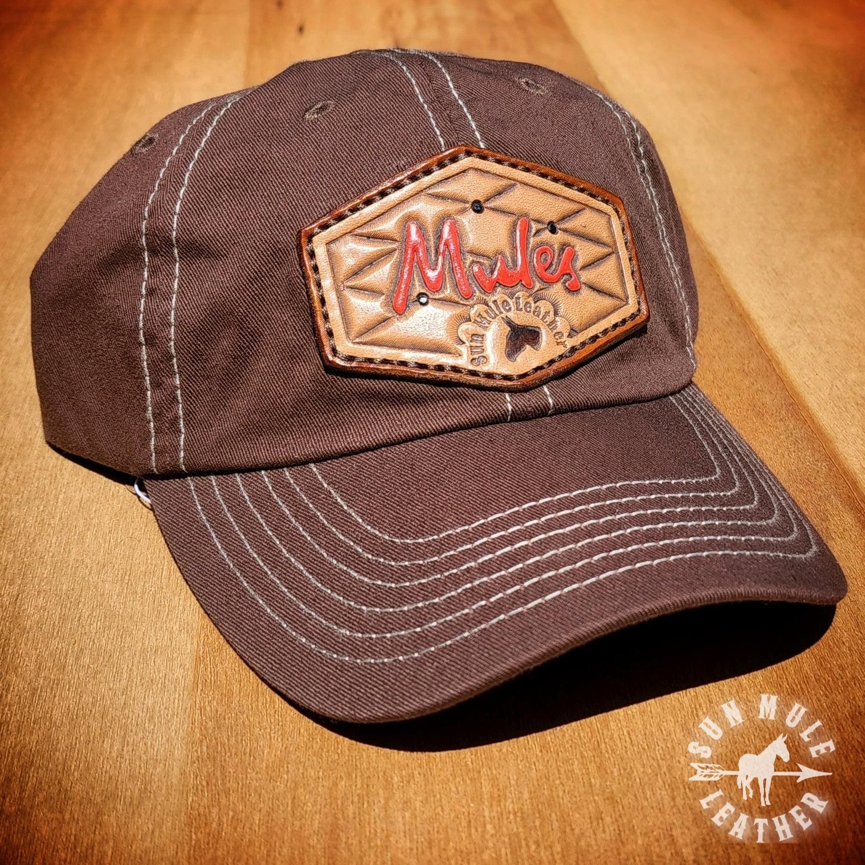 Unstructured mule hat, hat with hand tooled leather patch, featuring the word "Mules".