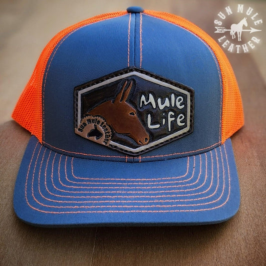 Mule life hat with hand tooled leather patch. 