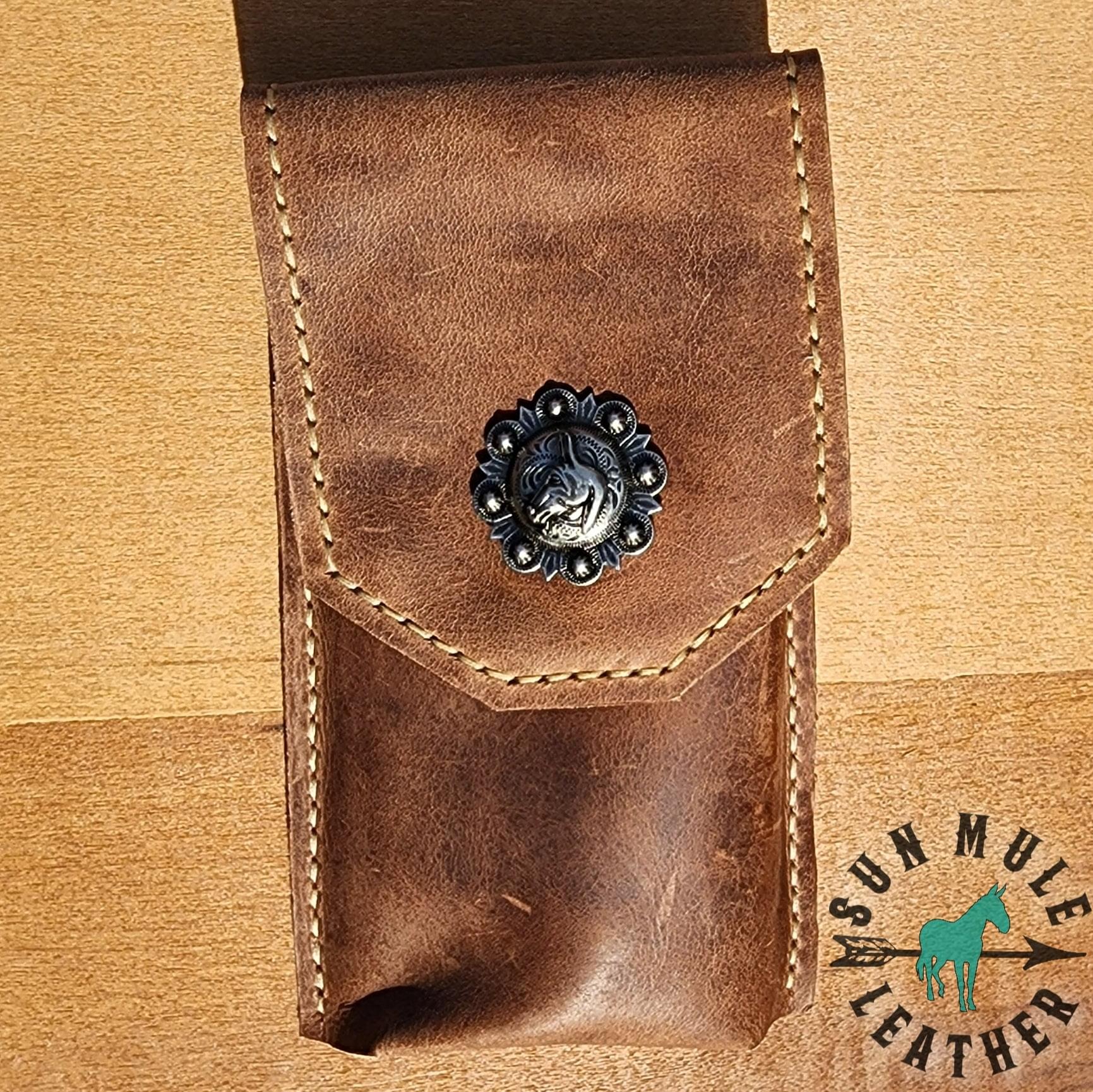 Phone holder pouch for saddle or belt with mule concho