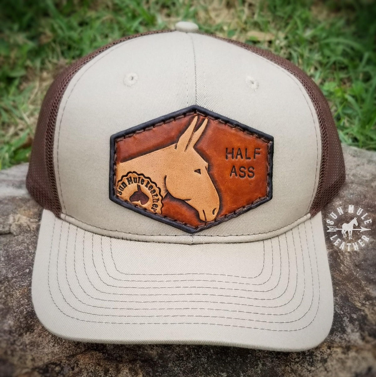 Half Ass mule hat, hand tooled mule on a leather patch. 